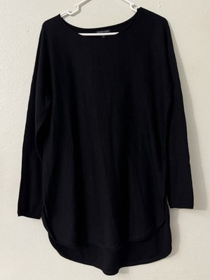 Eileen Fisher Black Fine Knit Longline Tunic Top Sweater M Made of Italian Yarn