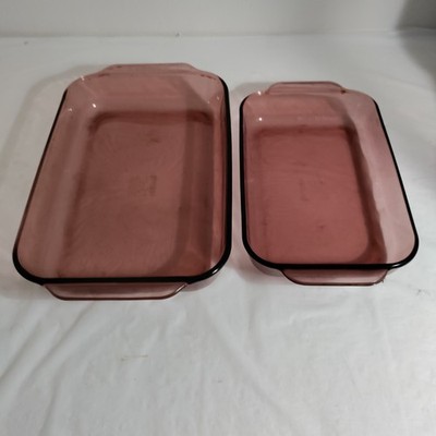 Set Of 2 Pyrex Corning Cranberry 233-R 232-R Baking Glass Pan 13x9x2 11x7x1.5