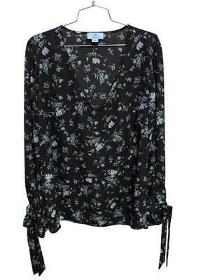 CeCe Blouse Plus Size 2X Floral V Neck Long Sleeve Tie Cuffs Black Whimsigoth