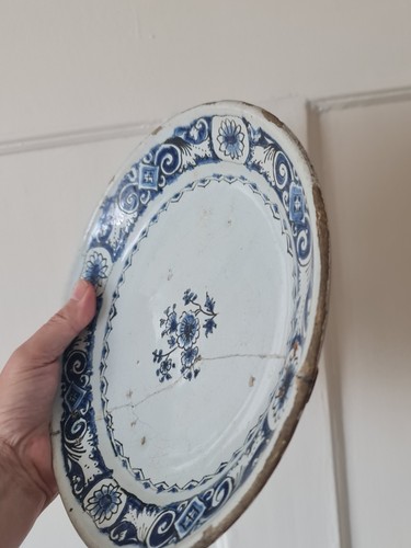 Antique 18thC English Delftware Plate 9" - Historic Staple Repair - Blue & White - Picture 9 of 13