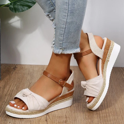 Damen Sommer Freizeit offene Zehenpartie Keilabsatz bequem Knöchelriemen Sandalen Strandschuhe - Bild 35 von 94