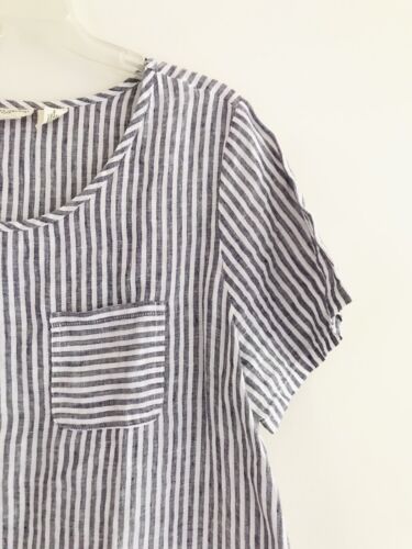 Christian Siriano Leinen gestreiftes Oberteil Damen M grau Kurzarm Pullover Tee - Bild 3 von 7