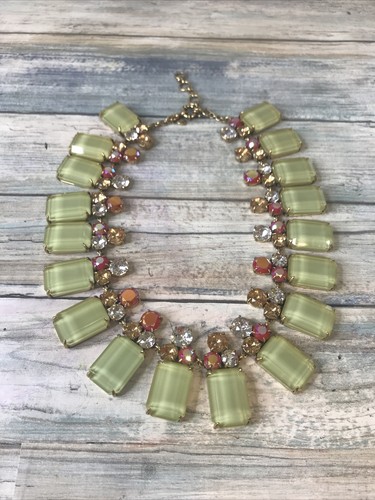 J Crew Green Lucite Rhinestone Bib Statement Necklace Brass