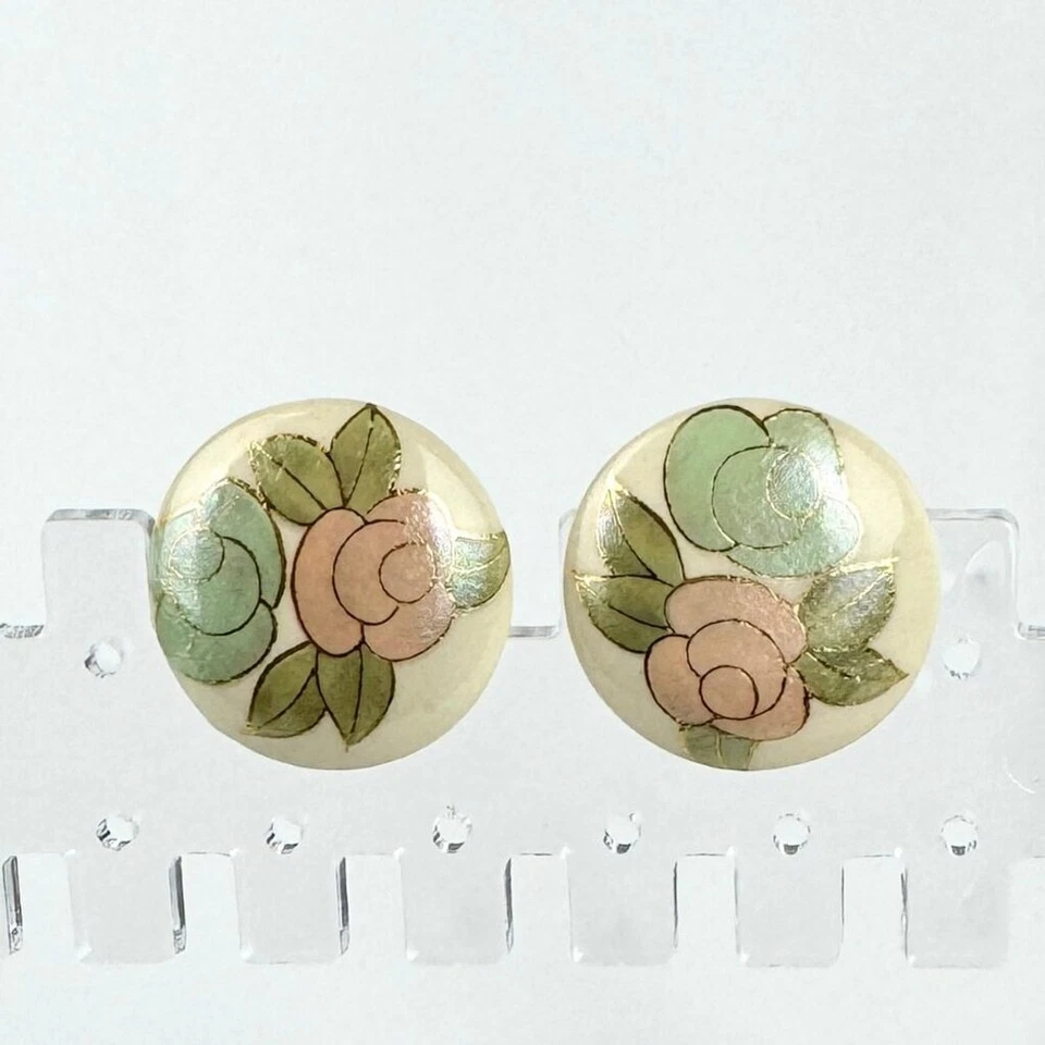 Pendientes de cerámica vintage japoneses con botones, estampado floral, clip Foto 3 de 3