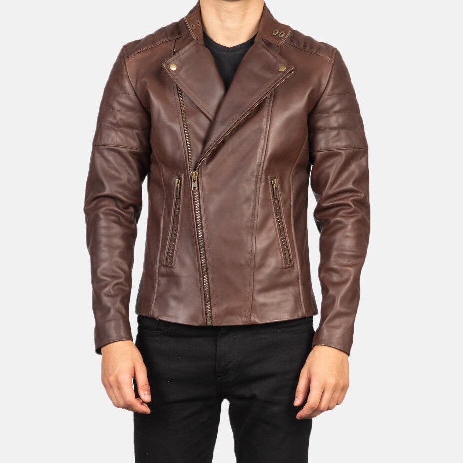 Brown Leather Asymmetrical Biker Jacket for Men by Faisor