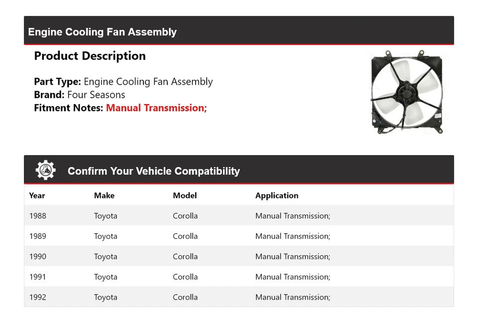 Conjunto de ventilador de refrigeración del motor Toyota Corolla 1988-1992 4 estaciones 1989 1990 Foto 2 de 4
