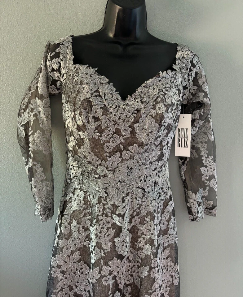 Nuevo con etiquetas Vestido Largo Formal Colección René Ruiz Para Mujer Talla 2 Peltre Encaje Forrado Foto 3 de 4