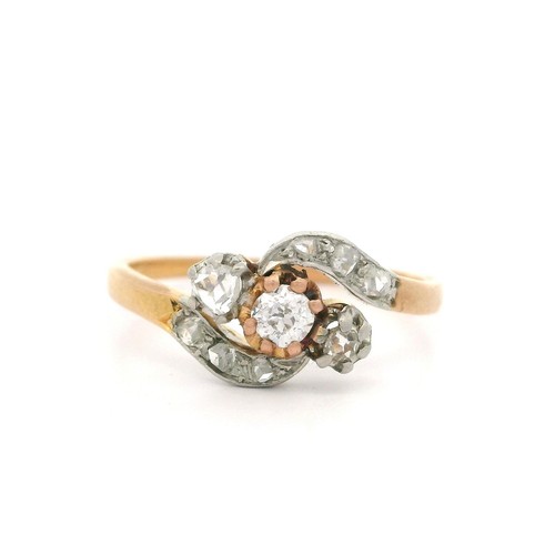 Antique Edwardian French 18k Gold & Platinum 0.25ctw Diamond Dainty Bypass Ring