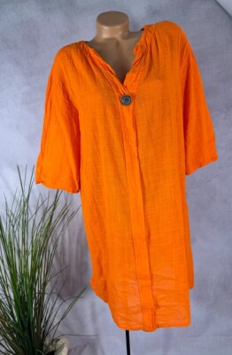 Sommer KLEID Tunika Long Shirt Leinenoptik  Italy ORANGE 38 40 42 44