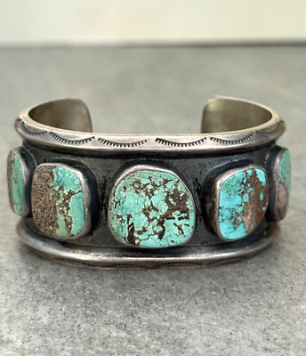 Vintage HEAVY Native American Navajo Turquoise CARINATED Silver Bracelet 107.7g
