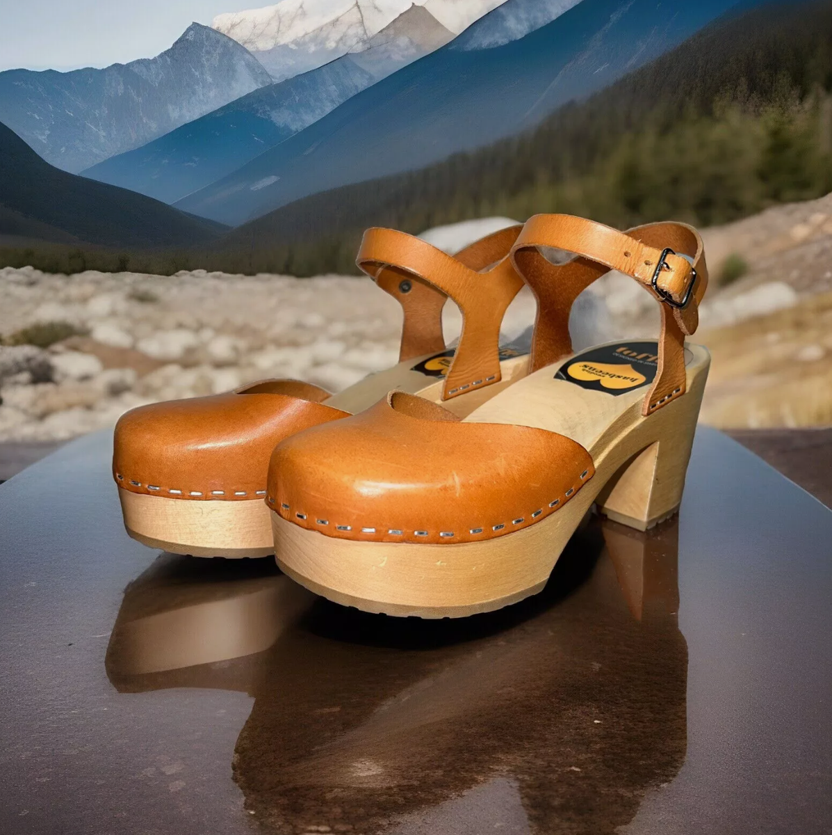 Swedish Hasbeens Covered Size 36 US Tan Cognac Sandal Platform Clog  Shoe - Main Image