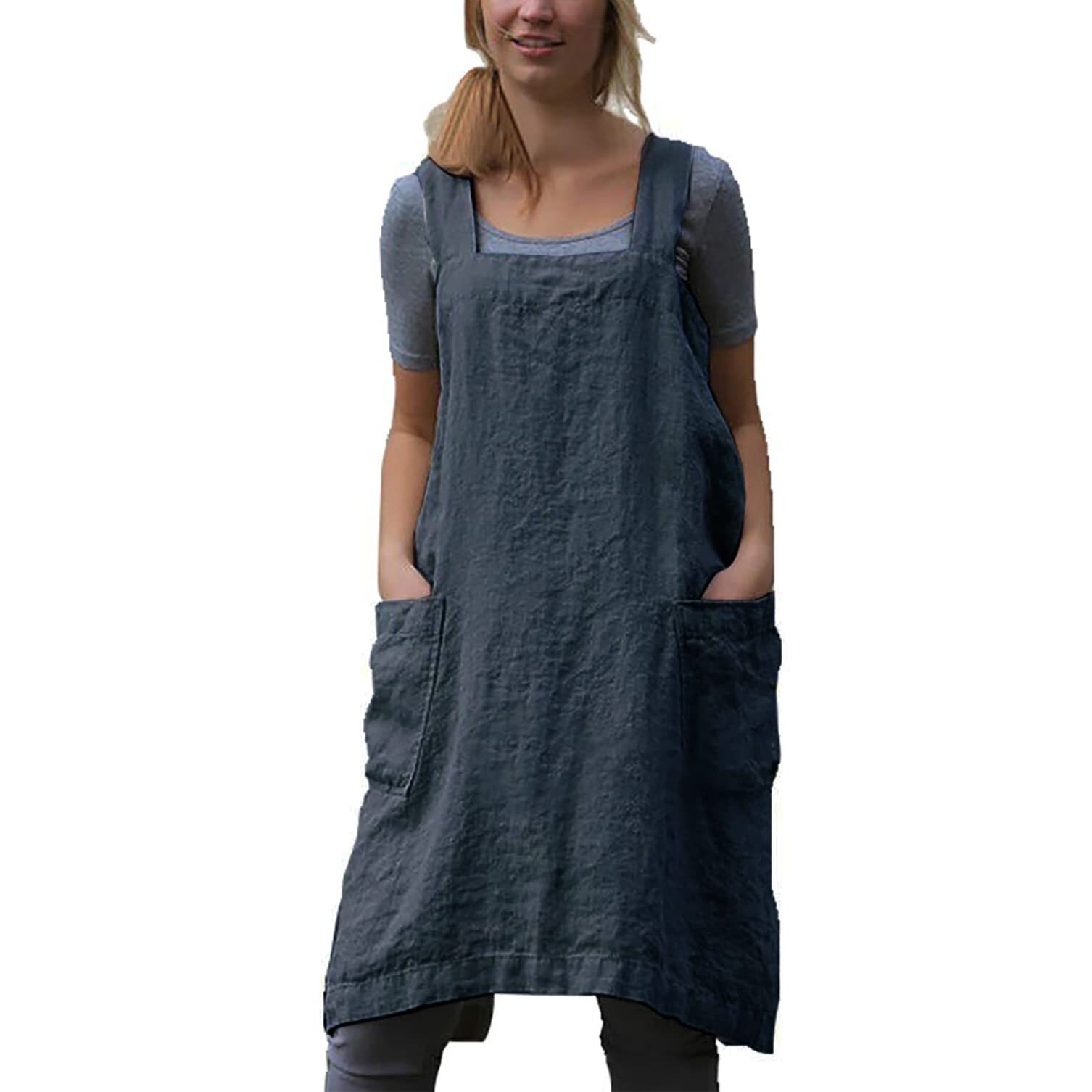 Cotton Linen Apron Cross Back Apron for Women with Pockets Pinafore Dress for...