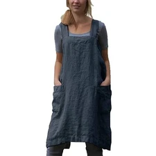 Cotton Linen Apron Cross Back Apron for Women with Pockets Pinafore Dress for...