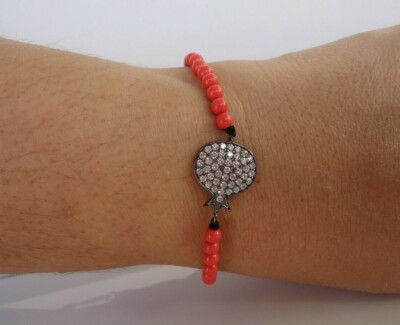 CIRCLE CROWN INLAY ORANGE BEAD BRACELET W/ LAB ACCENTS /925 STERLING SILVER /7''