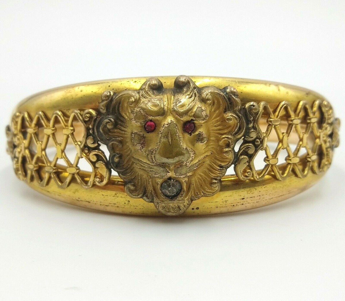 Victorian Edwardian FMCO Lion Head Rhinestone Gold Filled Bangle