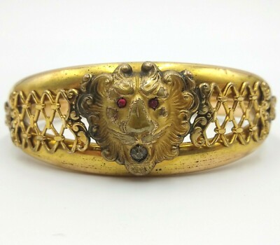 アクセサリー Rust MADE IN ENGLAND 2 Hall Mark Bangle Victorian Edwardian FMCO Lion Head Rhinestone Gold Filled