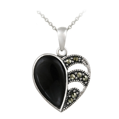 925 Silver Marcasite & Onyx Heart Pendant, 18''