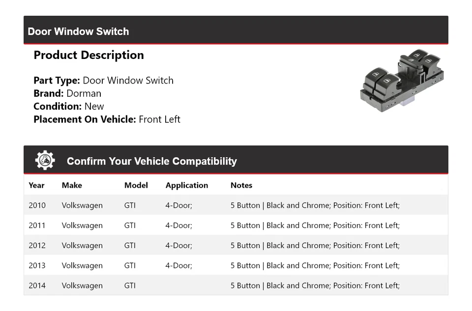 Interruptor de ventana de puerta delantera izquierda para Volkswagen GTI Dorman 2010-2014 2011 2012 2013 Foto 2 de 4