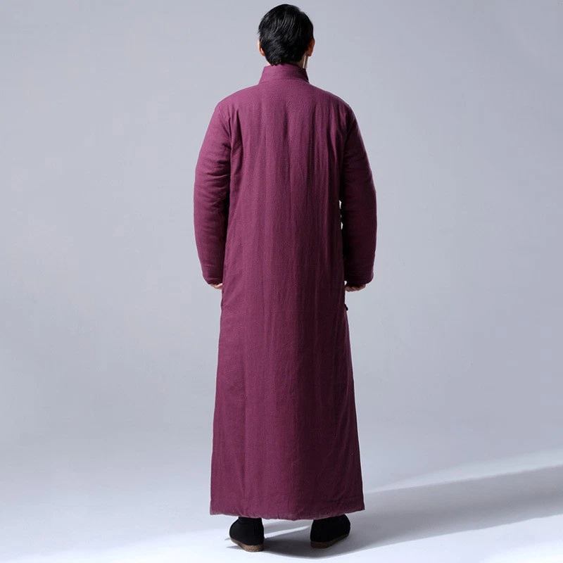 Winter Warm Chinese Style Men's Cotton Linen Long Robe Thick Warm Long Jackets - Image 2 of 4