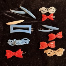 Vintage Hair Barrettes Lot Of 13 Red Blue White