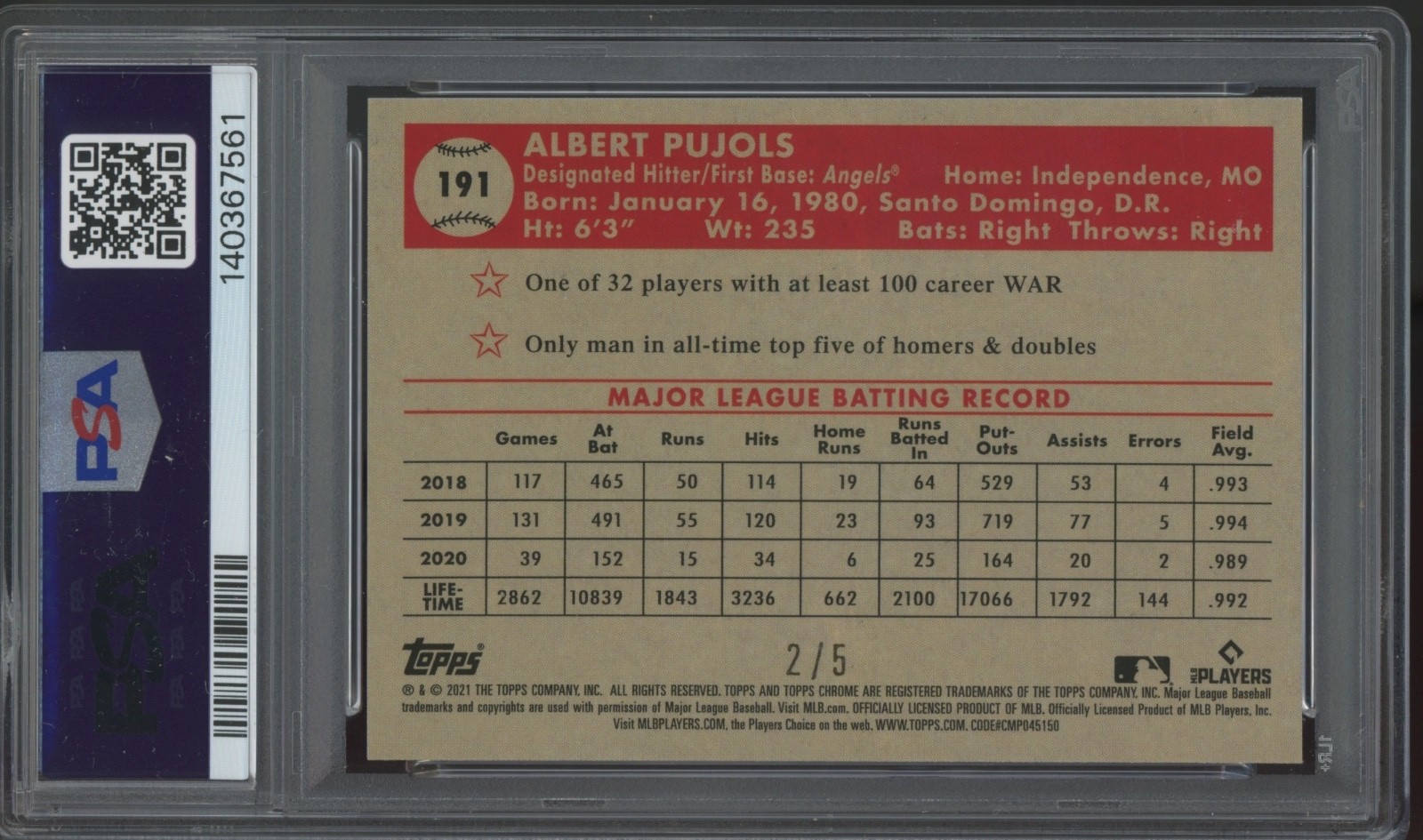 2021 Topps Chrome Platinum Mini Diamond Refractor Albert Pujols /5 PSA 9 view 2