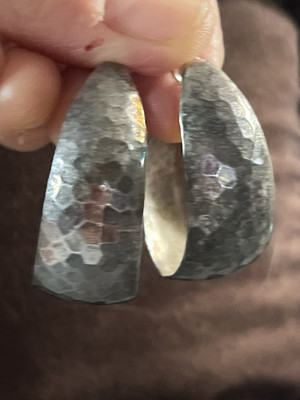 Hammer Textured Domed Silver Tone Metal Triangle Pierced Earrings Vintage 2''