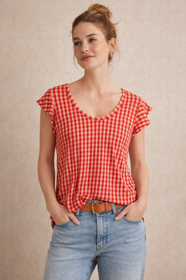 Ann Taylor LOFT Medium M Red Gingham Check Ruffle Sleeve Cotton Slub knit Tee