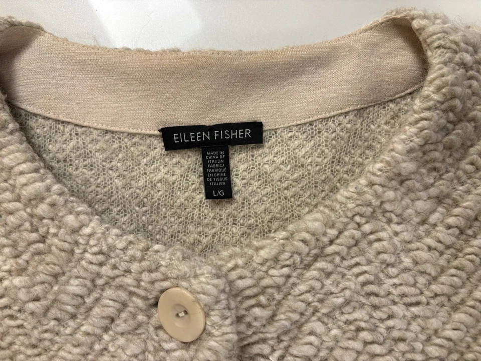 Cárdigan Suéter Abrigo Mujer’s L Eileen Fisher Boucle Italiano Tejido Lana Alpaca Foto 3 de 4
