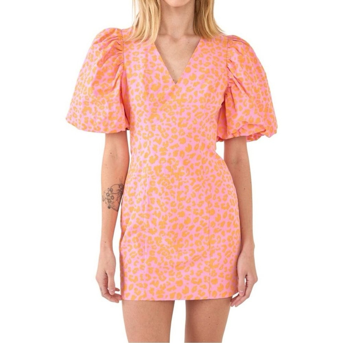 ENDLESS ROSE NWT Leopard Print Puff Sleeve Fitted Cotton Mini Dress S