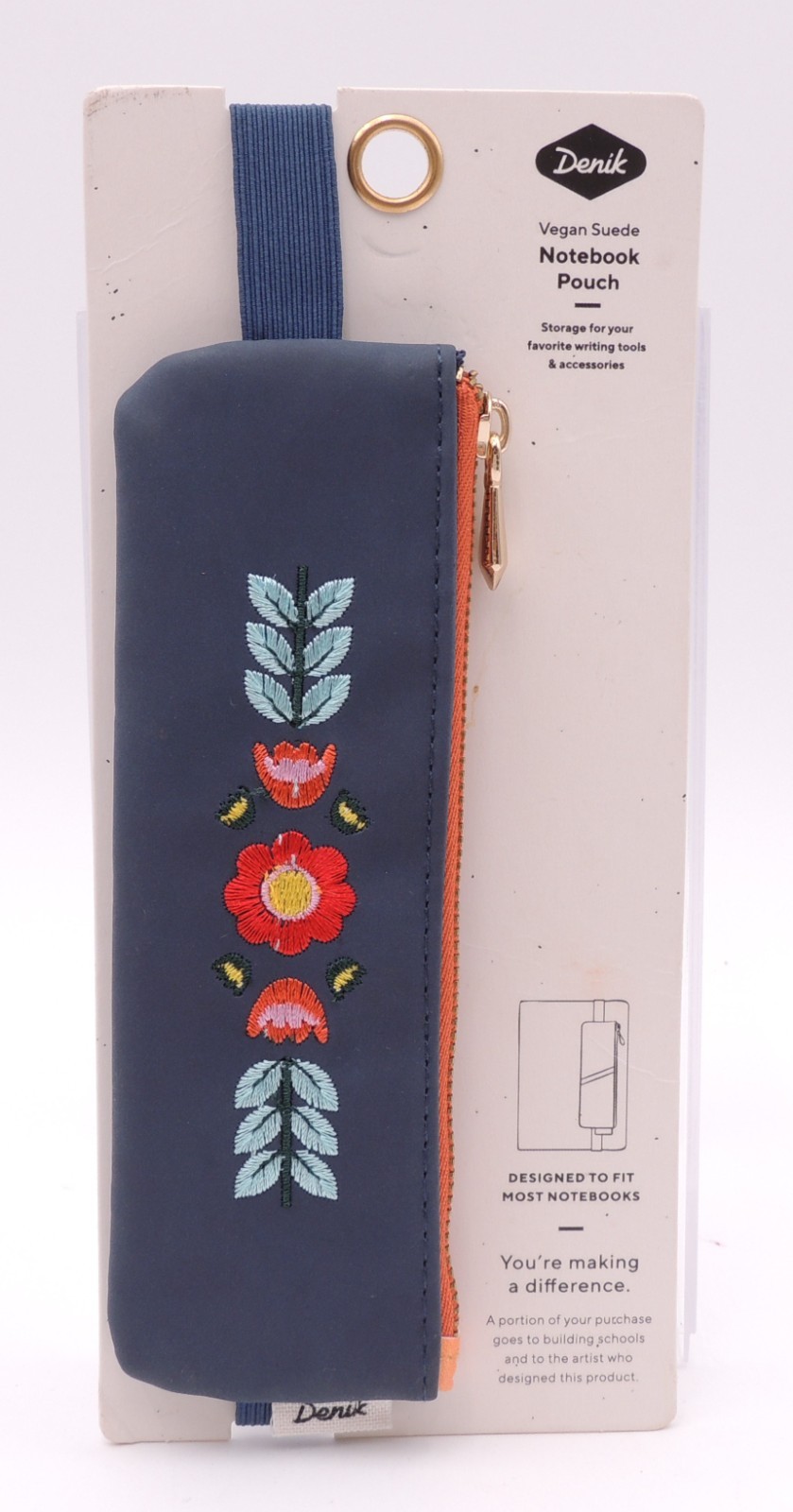 Pouch Zipper Vegan Suede Blue Floral Embroidered Case
