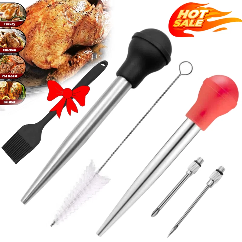 Baster de pavo grande con aguja de cepillo de limpieza herramienta baster de acero inoxidable cocinero Foto 2 de 4