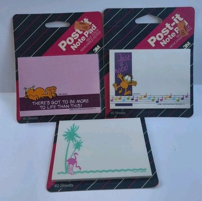 Lot of 3 Vintage New NOS 3M Post-It Note Pad Notes Garfield & Pink Flamingo 1987