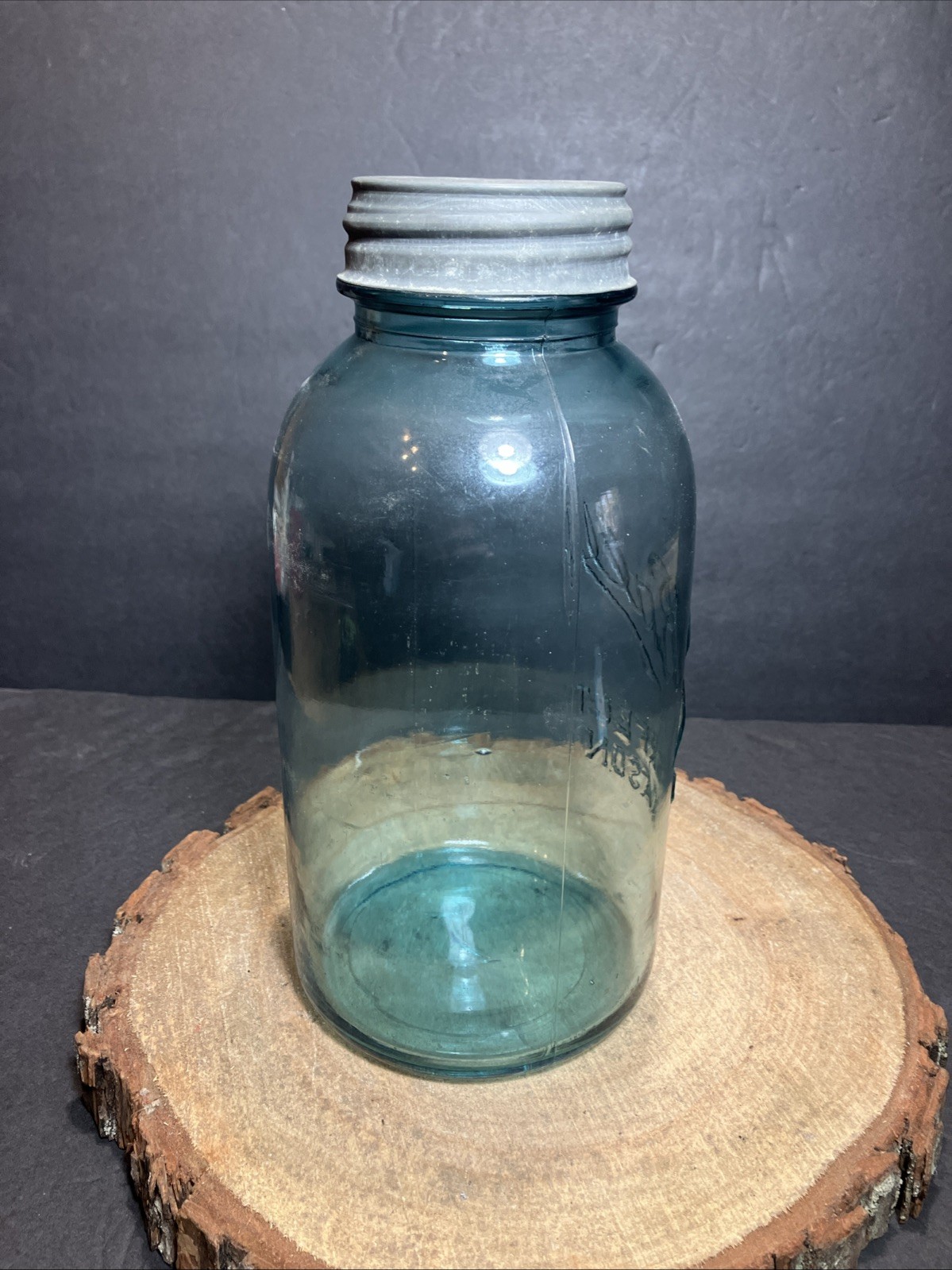Antique 1915-1923 BALL PERFECT MASON BLUE HALF GALLON Canning Jar-Mold #7  W/lid