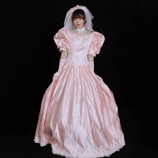 Vintage Satin Pink Wedding Dresses Puffy Sleeves High Neck A Line Brial Gowns