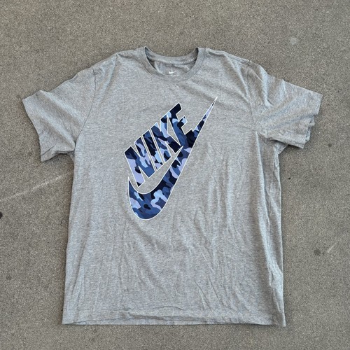 Nike Sportswear Blue Camo Swoosh LogoTee Mens XL Gray Cotton Graphic Shirt