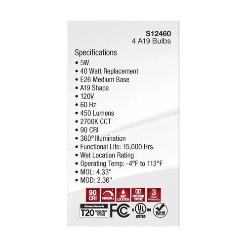 5W A19 LED - Clear - 2700K - Medium Base - 120V - 4-PACK - Picture 6 of 7