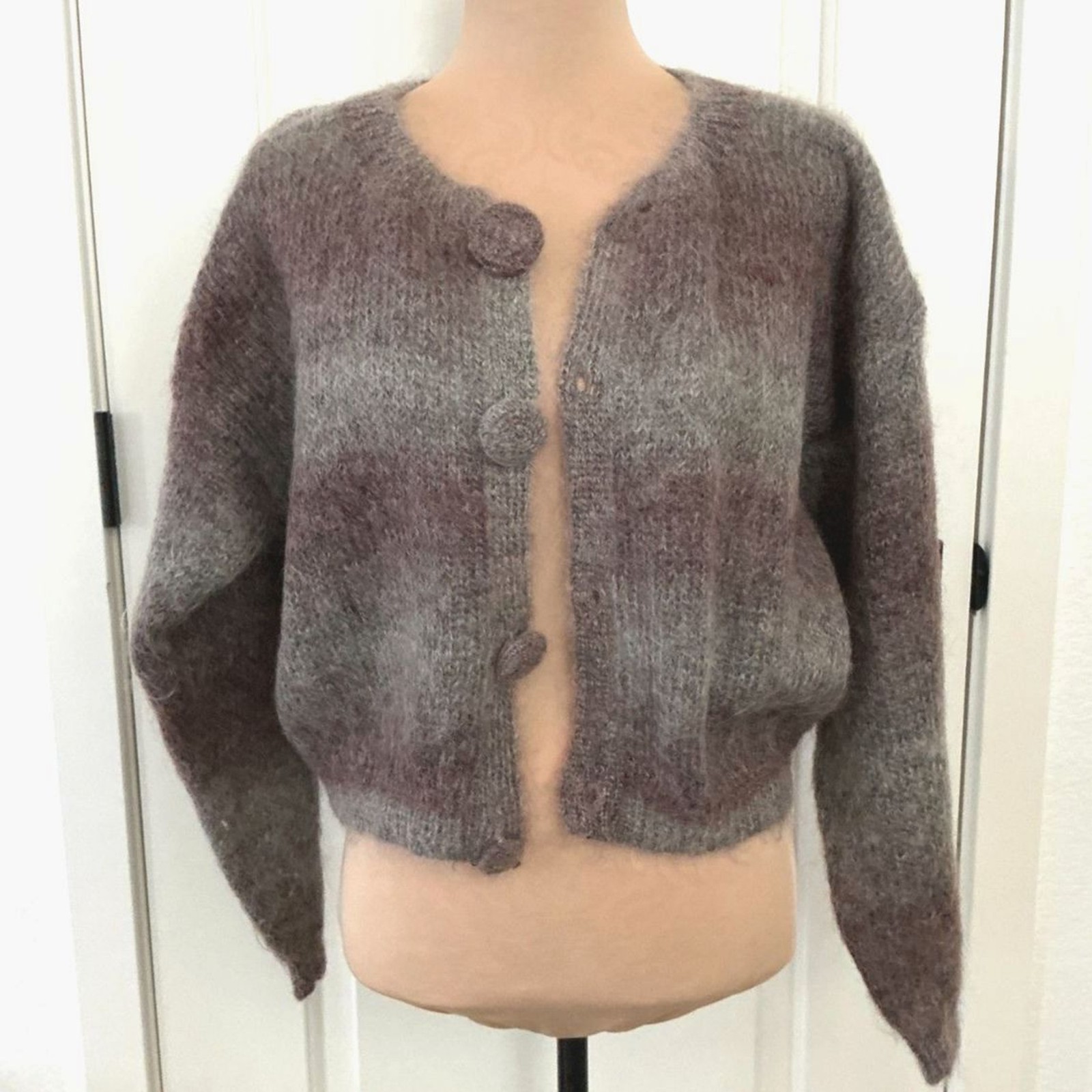 Brown and gray fuzzy mohair wool cropped cardigan