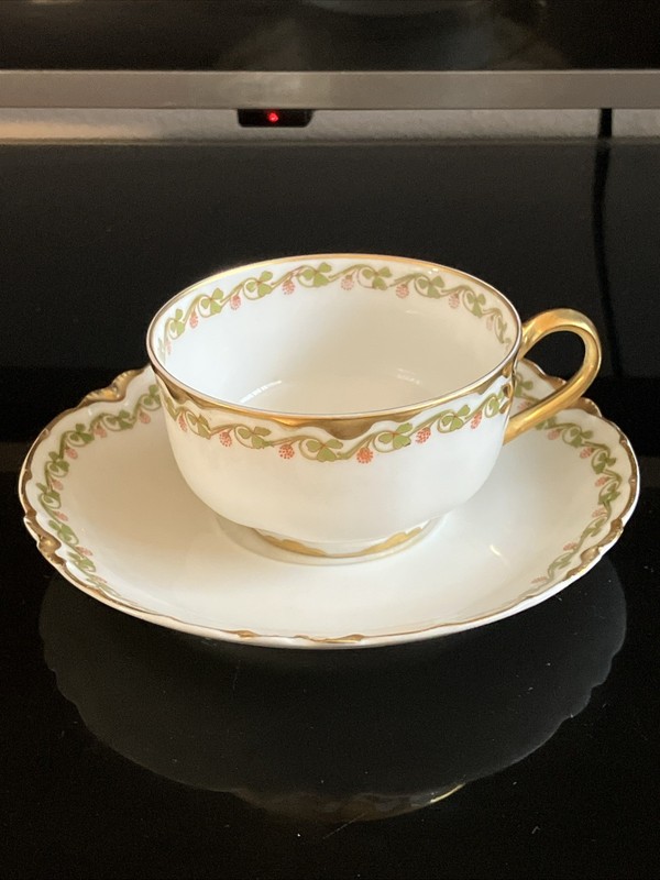 Haviland Limoges France Schleiger Vintage Cup Saucer Shamrocks Gold Made France
