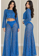 Fashion Nova Blue Floral Lace 2-Piece Set Crop Top & Flared Pants L