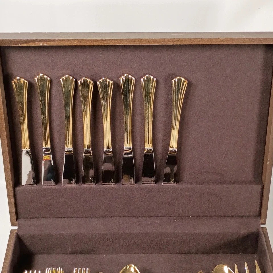 Luxury Gold Tone Flatware Set 12 Piece Service for 4 Cutlery Utensils In Case - Image 3 of 4