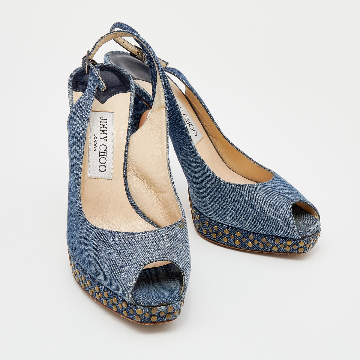 Jimmy Choo Blue Denim Peep Toe Slingback Sandals Size 37.5 Jimmy Choo Blue Denim Peep Toe Slingback Sandals Size 37.5