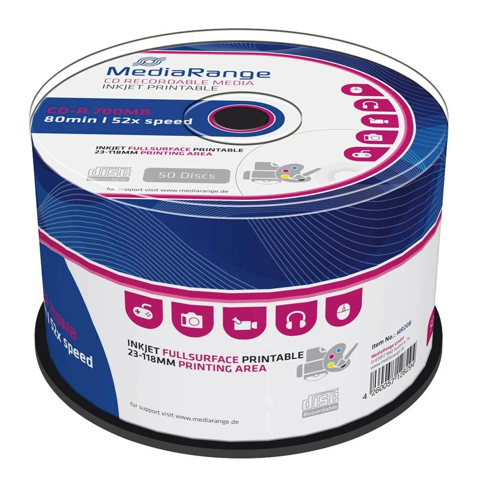 CD-R 700Mb 80Min 52x MediaRange Rohlinge weiß Cakebox 50er Spindel Bedruckbar - Bild 2 von 3