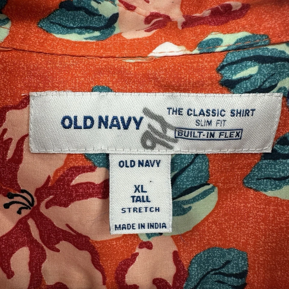 Old Navy Shirt Size XLT Mens Orange Floral Hawaiian Getaway Classic Slim Beach - Image 3 of 4