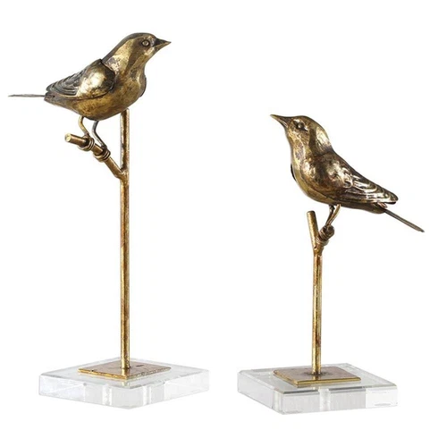 Uttermost Passerines 2-Piece Polyresin Metal Bird Sculpture Set in Antique Gold - Picture 1 of 4
