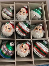 Christmas ornaments set of 9 glass Radko Shiny Brite Striped santa heads OH4660