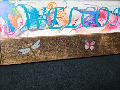 Hand Painted Welcome Butterfly Drip Paint Wooden Sign 21" x 7" Cute Handmade - Picture 3 of 13