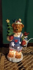 Vintage Teddy Bear Night Light Holding Tree  Bird Lamp Figurine 9''