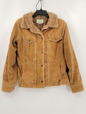 Lei Women Large Brown (inside Pocket Damage) Ribbed Snap Up Fur Lined Heavy Coat