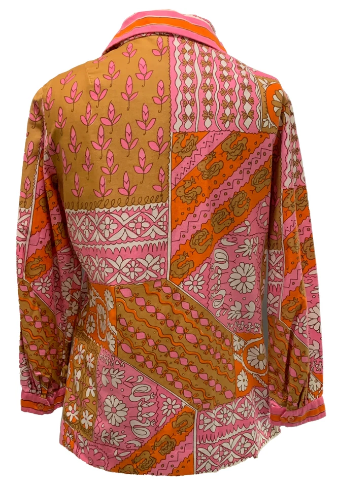 Camisa VERA NEUMANN Vintage Años 60 Para Mujer LS Estampado Algodón - Talla S/M Rosa Naranja Tostado Foto 4 de 4