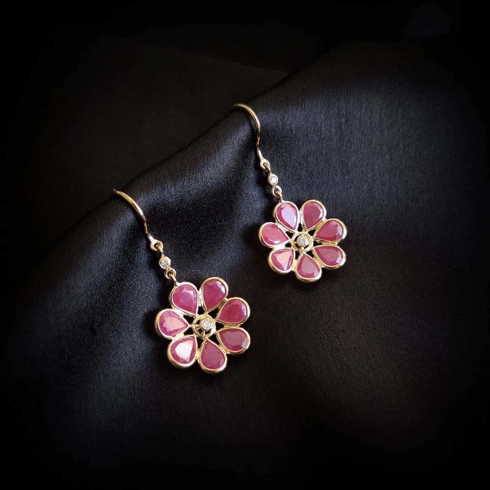 6.80 Ct Natural Ruby Flower Earrings 14K Solid Gold Dainty July Birthstone - Image 3 of 4